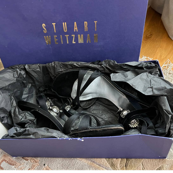 Stuart Weitzman 8 Suede CRYSTAL Square Toe Sandals Ankle Tie Heels Black - Picture 4 of 9
